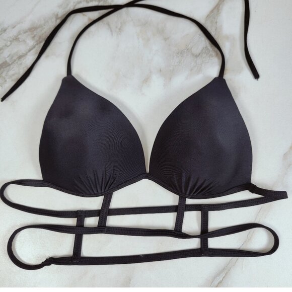 Unbranded Black Caged Molded Cup Halter Triangle Bikini Top, Sz L - Picture 7 of 10